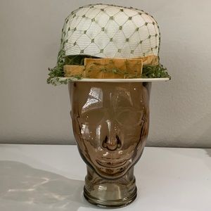 1920s vibe - VINTAGE White Women's Hat with green, yellow velvet and mesh trim